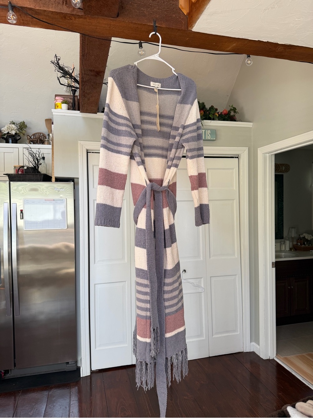 Red Dress Boutique Striped Fringe Tie-Waist Cardigan - Gray, Cream & Mauve